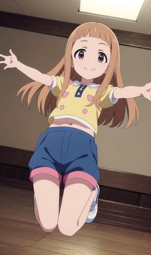 ((masterpiece, high quality, better lighting, absurdres, best quality, illustration, ultra-detailed)), (cute, kawaii), (1girl, solo), 
(smile, closed mouth), looking at viewer, (u149ani),
ichihara nina,
(( idol, puffy shorts, idol outfit)),  indoors, room, ((jumping)), outstretched arms , reaching out 