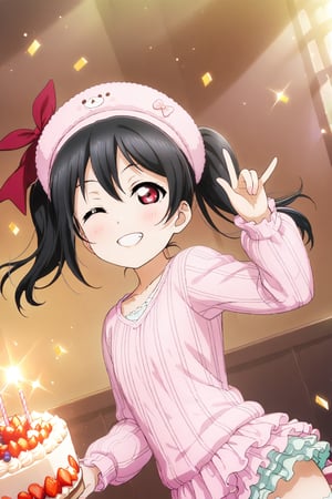 (masterpiece, high quality, better lighting, absurdres, best quality, illustration, ultra-detailed),
(cute, kawaii), ((1girl, solo)), smile, grin, looking at viewer, ADDCOMM

id_nico_yazawa, jumping, leg warmers, loungewear, micro shorts, birthday, holding plate, cake, (closed eyes), confetti, birthday hat,