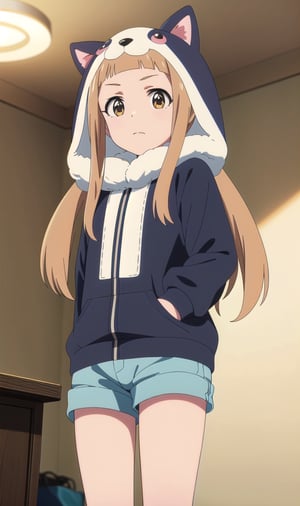 ((masterpiece, high quality, better lighting, absurdres, best quality, illustration, ultra-detailed)), (cute, kawaii), (1girl, solo), 
(closed mouth, surprised), looking at viewer, (u149ani),
ichihara nina,
indoors, room, ((kigurumi)), short shorts,