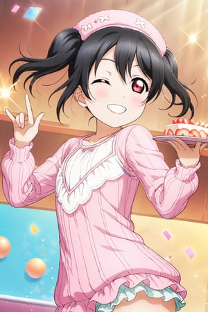 (masterpiece, high quality, better lighting, absurdres, best quality, illustration, ultra-detailed),
(cute, kawaii), ((1girl, solo)), smile, grin, looking at viewer, ADDCOMM

id_nico_yazawa, jumping, leg warmers, loungewear, micro shorts, birthday, holding plate, cake, (closed eyes), confetti, birthday hat,