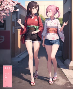 ((masterpiece, high quality, better lighting, absurdres, best quality, illustration)),
(2girls), smile, (cute, kawaii), cute, (cherry blossom, sakura), (kimono, (extreme short shorts)), (outdoors), ((looking at another, talking))
