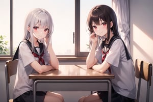 ((masterpiece, high quality, better lighting, absurdres, best quality, illustration)), (cute:1.2, kawaii:1.3, cute red eyes),
(classrooom), (multiple girls:1.3), sitting, looking at viewer, smile, closed mouth, sailor collar, school desk, 