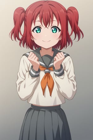 score_9, score_8_up, score_7_up, source_anime,

(cute, kawaii), ((1girl, solo)), smile, closed mouth, looking at viewer, ADDCOMM

ruby kurosawa, short hair, bangs, green eyes, red hair, aqua eyes, two side up,

shirt, school uniform, white shirt, serafuku, neckerchief, uranohoshi school uniform, orange neckerchief, skirt, pleated skirt, grey skirt, long sleeves,