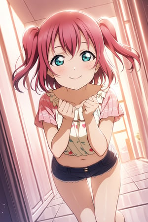 (masterpiece, high quality, better lighting, absurdres, best quality, illustration, ultra-detailed),
(cute, kawaii), ((1girl, solo)), 
smile, closed mouth,
looking at viewer,

((standing, knees together:1.25)),
id_kurosawa_ruby, ((casual, micro shorts, short sleeves)), hands on hips, leaning forward,