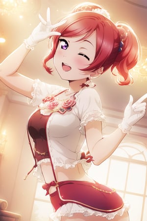 ((masterpiece, high quality, better lighting, absurdres, best quality, illustration, ultra-detailed)),
(cute, kawaii), (1girl, solo),
smile, one eye closed, open mouth,
looking at viewer, 

short shorts,

((jumping:1.2)), (peace sign),

id_maki_nishikino