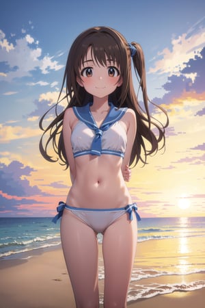 ((masterpiece, high quality, better lighting, absurdres, best quality, illustration)), (((pixel-perfect, detail-perfect))),
looking at viewer,
(1girl, solo), smile, closed mouth, (cute, kawaii), cute, Uzuki shimamura, hair wind, beach, sunset, bright,imas_sailor_bikini, striped, thighs, (standing, knees together), (arms behind back)