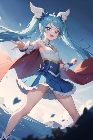 ((masterpiece, high quality, better lighting, absurdres, best quality, illustration)),
1girl, solo, smile, open mouth,
sora, (blue hair, magical girl, twintail, blue skirt, cape, bare shoulders),
fighting stance,