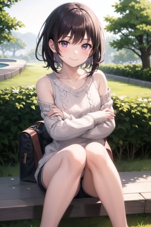 ((masterpiece,  high quality)),  1girl,  solo,  smile,  closed mouth, casual, knitted sweater, bare_shoulders, long_sleeves, short shorts, outdoors, crossed_arms, sitting, knees together