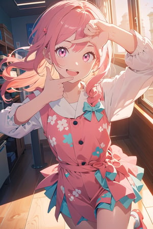 ((masterpiece, high quality, better lighting, absurdres, best quality, illustration, ultra-detailed)),
(cute, kawaii), (1girl, solo), 
(smile, open mouth), looking at viewer, 

pink hair, pink eyes,

 (finger frame),
((jumping))