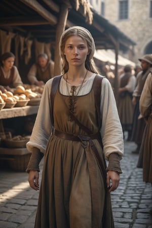 A medieval peasant girl in a crowded medieval marketplace, ultra high quality, real image, realistic, real-life skin, dynamic lighting, cinematic, (hyperrealism:1.2), (8K UHD:1.2), (photorealistic:1.2), shot with Canon EOS 5D Mark IV,FFIXBG,horror