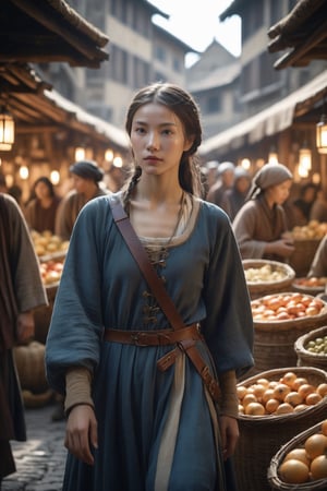 A medieval peasant girl in a crowded medieval marketplace, ultra high quality, real image, realistic, real-life skin, dynamic lighting, cinematic, (hyperrealism:1.2), (8K UHD:1.2), (photorealistic:1.2), shot with Canon EOS 5D Mark IV,FFIXBG,horror
,chinese girls