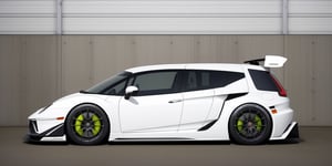 realistic supercar, aero, realistic garage/track background, supercar minivan