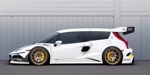 realistic supercar, aero, realistic garage/track background, supercar minivan