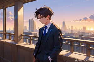 score_9, score_8_up, score_7_up, score_6_up, score_5_up, score_4_up,

a man black hair, sexy guy, standing on the balcony of a building,city, modern city, night,looking at the front building, wearing a suit, sexy pose,leaning on the railing, hetero, black clothes,brown_hair, image far from here, crepusculo_sky(picture window) sun, sky, long_sleeves, perfect hands, cityscape, jaeggernawt,girlnohead