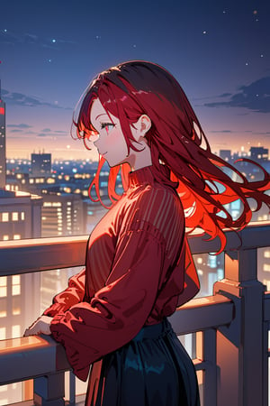Score_9, Score_8_up, Score_7_up, Score_6_up, Score_5_up, Score_4_up, night, 1boy (black hair), girl (red hair), sexy, standing on the balcony of a building,city, modern city, night,looking at the front building, sexy pose,leaning on the railing, long_sleeves, cityscape,jaeggernawt,2b-Eimi
