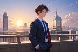 score_9, score_8_up, score_7_up, score_6_up, score_5_up, score_4_up,

a man black hair, sexy guy, standing on the balcony of a building,city, modern city, night,looking at the front building, wearing a suit, sexy pose,leaning on the railing, hetero, black clothes,brown_hair, image far from here, crepusculo_sky(picture window) sun, sky, long_sleeves, perfect hands, cityscape, jaeggernawt,girlnohead