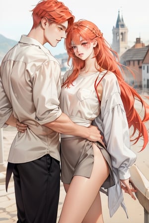 Couple of a corean man and a Real girl for VROID, light red hair, long hair, white shirt, grey skirt, pocket,edgSDress