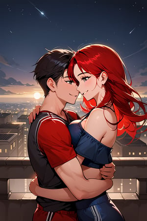 a girl red hair, sexy girl, standing on the balcony of a building with man black hair (black eyes) ,modern city, night,hugging,wearing a black top, sexy pose,smiling,
sexy pose, upper_body, fierce, detailed, detailed_face, detailed_eyes, high resolution, bold, Detailedface,jaeggernawt,manhwa,korean Manhwa art style,Indoor,2b-Eimi