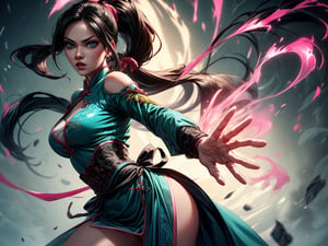 A woman with long black ponytail standing in a green and pink chinese clothing with fierece eyes and pink aura. Unsheating her kitana from her right side in a attack stance. Hyper realistic. Blue eyes. Wide 
angle.