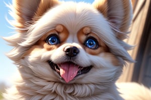 1 Pomeranian with pure white fur stting in a fantasy world. Highly detailed eyes. ((Really big, extremely cute eyes.)) (Focus on eyes.) Smiling, tongue out. (((Drooling))). Fur and ears blowing in wind. Close up view. POV_contact viewer.