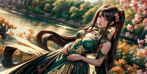 A woman with very long black ponytail and medium size breast standing in a green and red satin Qipao. She is emitting a pink aura. Hyper realistic. Blue eyes. Panaromic angle. Cherry blossoms on river bank in the background. Asian girl. pov_contact,suzuna,RING