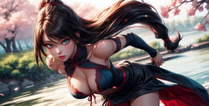 A woman with long black ponytail and medium size breast standing in a green and pink satin Qipao with fierece eyes with pink aura. ((Unsheating her katana)) Hyper realistic. Blue eyes. Panaromic angle. Cherry blossoms on river bank in the background. Asian girl. pov_contact,suzuna