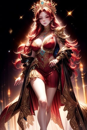Young female with mature face with medium size breasts standing in a fantasy world wearing silver full body armor with skirt. ((Detailed face, hands, fingers, hair and legs.)) ((Scarlet red long hair.)) Tonned body. Fierce look on face. Holding sword.