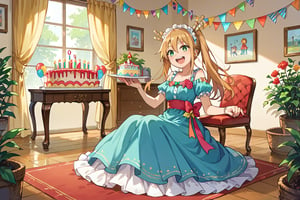 1girl, bottom eater, fancy dress,  happy,score_9,score_8_up,score_7_up,source_anime,BREAK, just a girl, full body, sitting, dining room in the background, birthday decoration,tohru