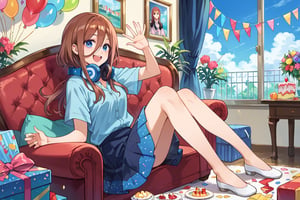 miku nakano, long hair, blue eyes, brown hair, headphones, headphones around neck, bangs, shirt, hair between eyes, skirt. 1girl, bottom eater, fancy dress, happy,score_9,score_8_up,score_7_up,source_anime,BREAK, just a girl, full body, sitting on her feet, waving, dining room in the background, birthday decoration