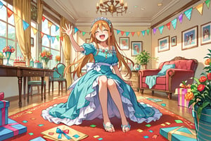 1girl, bottom eater, fancy dress,  happy,score_9,score_8_up,score_7_up,source_anime,BREAK, just a girl, full body, sitting on her feet, waving, dining room in the background, birthday decoration,tohru