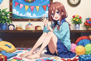 miku nakano, long hair, blue eyes, brown hair, headphones, headphones around neck, bangs, shirt, hair between eyes, skirt. 1girl, bottom eater, fancy dress, happy,score_9,score_8_up,score_7_up,source_anime,BREAK, just a girl, full body, sitting on her feet, waving, dining room in the background, birthday decoration