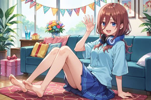 miku nakano, long hair, blue eyes, brown hair, headphones, headphones around neck, bangs, shirt, hair between eyes, skirt. 1girl, bottom eater, fancy dress, happy,score_9,score_8_up,score_7_up,source_anime,BREAK, just a girl, full body, sitting on her feet, waving, dining room in the background, birthday decoration