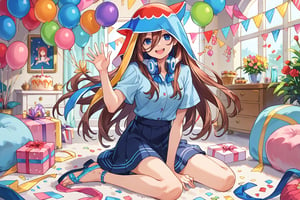 miku nakano, long hair, blue eyes, brown hair, headphones, headphones around neck, bangs, shirt, hair between eyes, skirt. 1girl, bottom eater, fancy dress, happy,score_9,score_8_up,score_7_up,source_anime,BREAK, just a girl, full body, sitting on her feet, waving, dining room in the background, birthday decoration