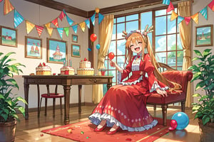 1girl, bottom eater, fancy dress,  happy,score_9,score_8_up,score_7_up,source_anime,BREAK, just a girl, full body, sitting, dining room in the background, birthday decoration,tohru