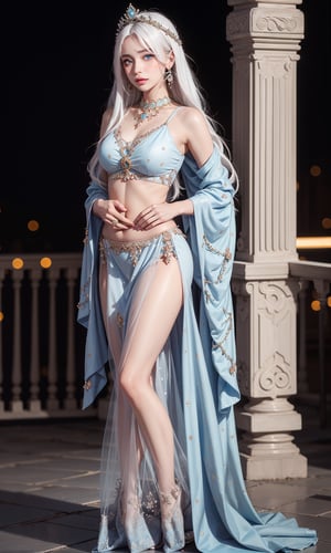 blush,blue eyes,white hair,Donatella Versace designed,indian dress , jewellery, adorned,crown,nose ring, full image, bokeh,sky blue dress having flower on it,indian beauty, full body, full image,stomach area open,blush