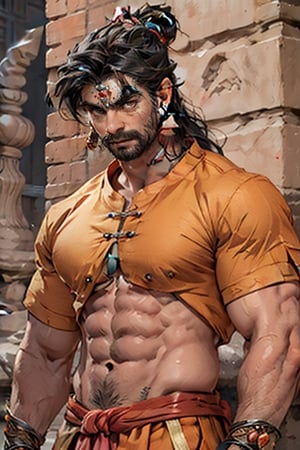 Hindu man,big muscles,red dhoti,asian,angry, hyper realistic,earings,lord shiva (hindu god Shiva) ,(((shiva)))