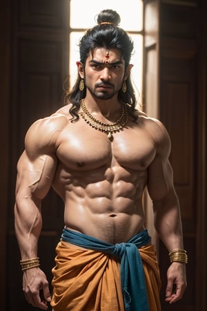 Hindu man,big muscles,red dhoti,asian,angry, hyper realistic,earings,lord shiva (hindu god Shiva) ,(((shiva))),Movie Still,gianluca_antonelli,asian girl