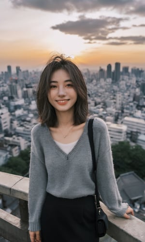 xxmixgirl,1girl, Asian girl, fisheye, taking selfie with one hand, , messy hair, sunset, cityscape, Random Japan city background, (aesthetics and atmosphere:1.2), gray hair,smiling,FilmGirl