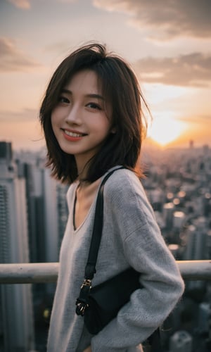 xxmixgirl,1girl, Asian girl, fisheye, taking selfie with one hand, , messy hair, sunset, cityscape, Random Japan city background, (aesthetics and atmosphere:1.2), gray hair,smiling,FilmGirl