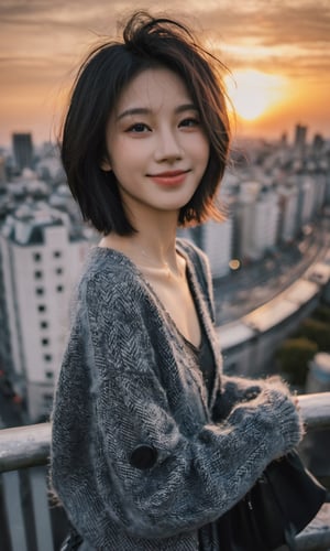 xxmixgirl,1girl, Asian girl, fisheye, taking selfie with one hand, , messy hair, sunset, cityscape, Random Europe or Japan city background, (aesthetics and atmosphere:1.2), gray hair,smiling,FilmGirl