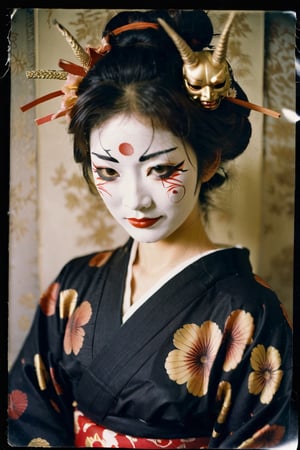 portrait of a japanese girl, polaroid,film, graininess, ANGRY, kimono, wearing hannya mask, smile, 