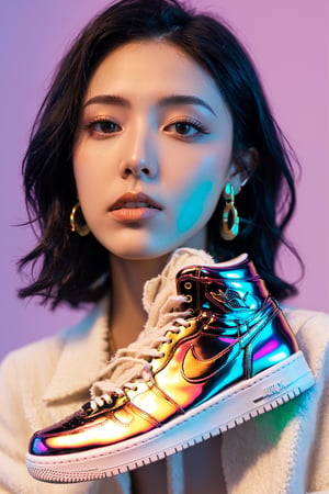 xxmixgirl, 1girl, ultra realistic gradient color flowing random design name colorfull gradient colored holographic background. Keywords: Solid Gold OVO x Air Jordans, holographic,  iridescent,  vaporwave,  fluid., ,photostudio