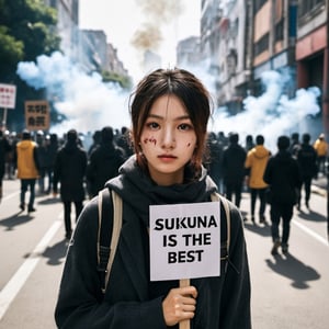 A 27 yo protester, photorealistic, award winning beautiful face, background in a messy protesting street with tear gas smokes, holding a sign:("sukuna is the best"), cute, best quality, xxmixgirl, focus on eyes, 