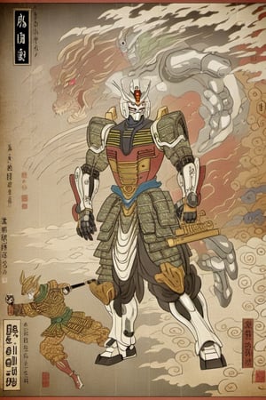 he illustration depicts a robot resembling a Gundam, yet it is profoundly influenced by traditional Japanese aesthetics, specifically the Ukiyo-e art style. The robot is adorned with intricate patterns, embellishments, and trinkets reminiscent of samurai armor. The overall colors and detailing are very refined. The aged and textured backdrop mimics old parchment or scrolls, amplifying the Ukiyo-e ambiance. This fusion of classical and futuristic elements showcases a harmonious blend of the past with the future. 