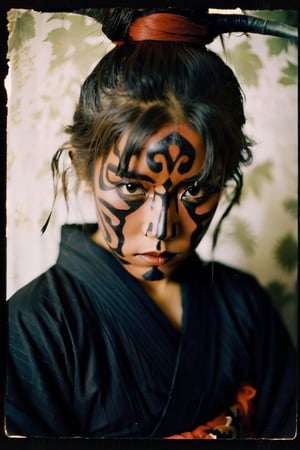 portrait of a japanese girl, polaroid,film, graininess, ANGRY, kimono, darth maul face makeup