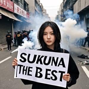 A 27 yo protester, photorealistic, award winning beautiful face, background in a messy protesting street with tear gas smokes, holding a sign:("sukuna is the best"), cute, best quality, xxmixgirl, focus on eyes, 