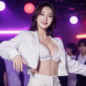 xxmixgirl,  realstic,  bright white skin busty fit Korean idol dancing in a dark dance club background,  K-pop idol face,  smile, clubbing clothings,  cleavage,  wide_hip