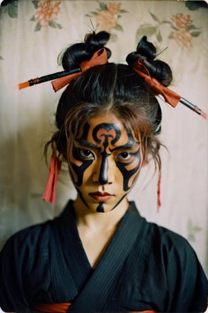 portrait of a japanese girl, polaroid,film, graininess, ANGRY, kimono, darth maul face makeup