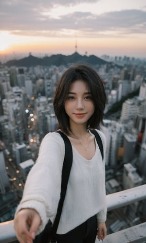 xxmixgirl,1girl, Asian girl, fisheye, taking selfie with one hand, , messy hair, sunset, cityscape, Random Japan city background, (aesthetics and atmosphere:1.2), gray hair,smiling,FilmGirl
