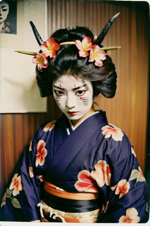 portrait of a japanese girl, polaroid,film, graininess, ANGRY, kimono, wearing Hannya mask, 